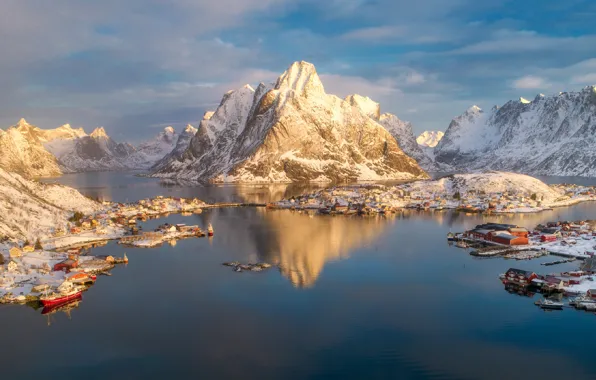 Picture sea, snow, landscape, sunset, mountains, nature, reflection, coast