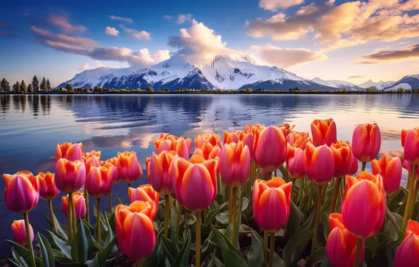 Flowers, spring, colorful, tulips, red, sunshine, landscape, nature