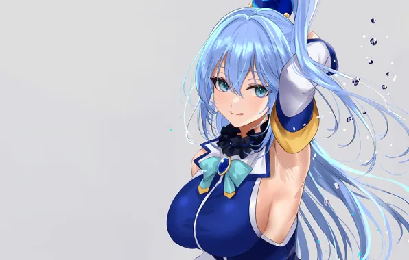 Girl, sexy, blouse, long hair, boobs, anime, Aqua, blue eyes