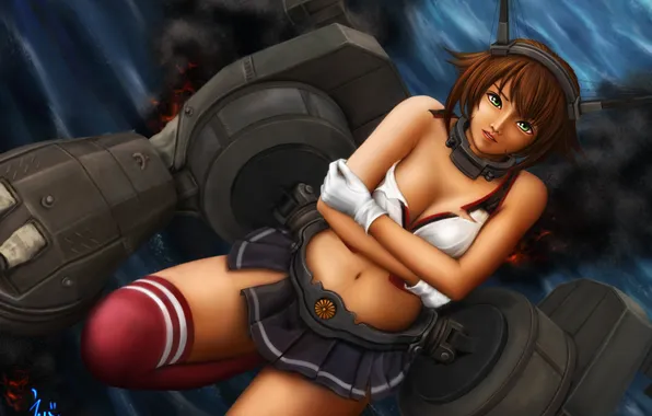 Girl, smoke, art, fur, ebi, kantai collection, eeotoko, mutsu battleship