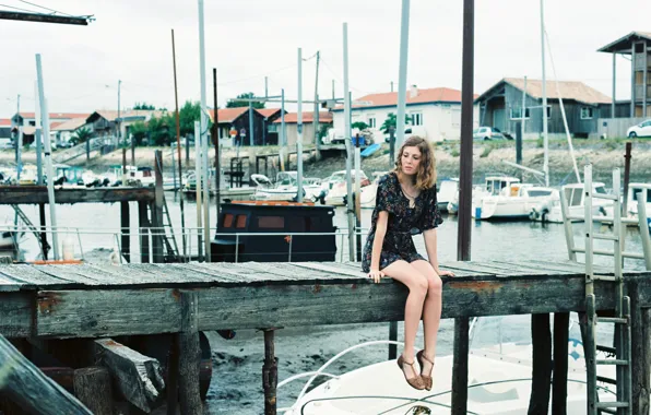 Girl, dress, boats, pier