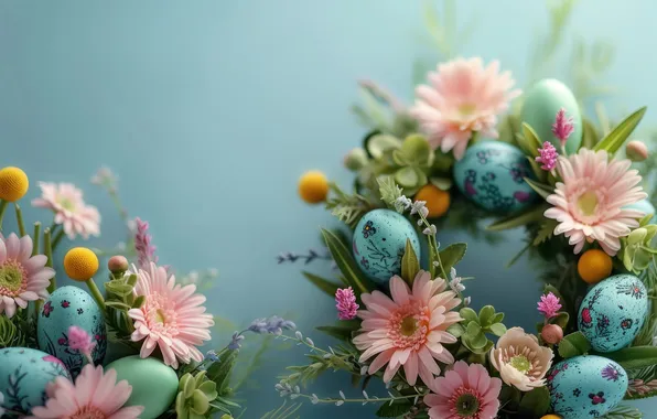 Flowers, holiday, eggs, spring, blue, Easter, pink, gerbera