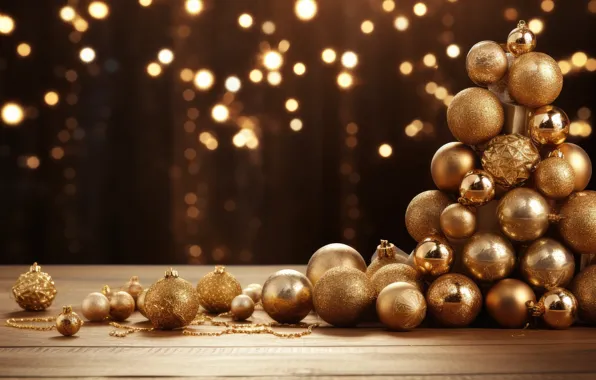 Balls, lights, lights, table, gold, holiday, Board, Shine