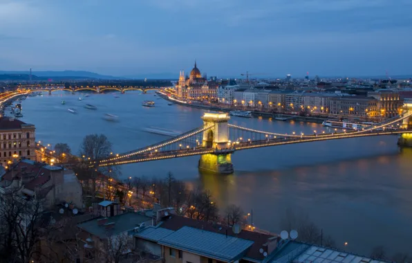 Night, bridge, panorama, Parliament, Hungary, Budapest, The Danube