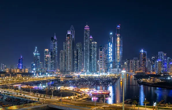 Road, building, Bay, Bay, Dubai, night city, Dubai, skyscrapers