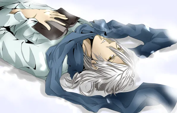 Picture winter, snow, anime, scarf, book, shirt, guy, white hair