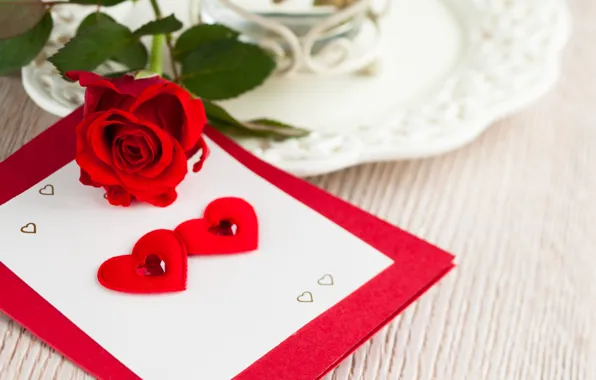 Flower, rose, heart, hearts, red, postcard