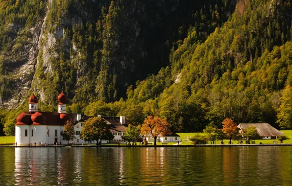 Trees, mountains, lake, Bayern, St. Bartholomew 's Church, Schoenau am Koenigsee