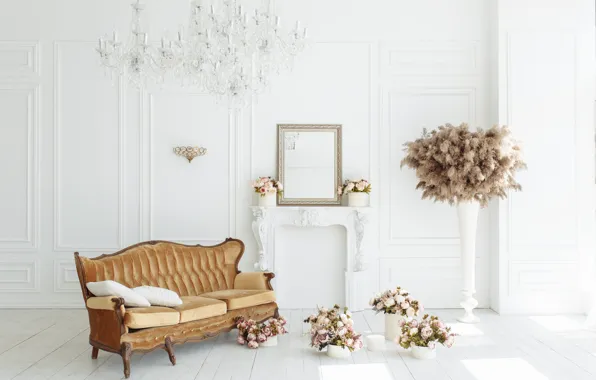 Flowers, room, sofa, fireplace, vintage, design, pink, flowers