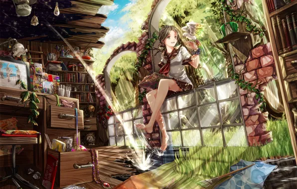 Picture the sky, glass, water, girl, clouds, trees, nature, table