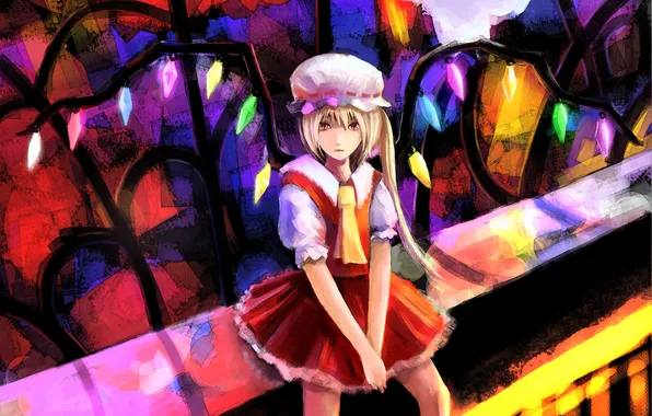 Picture girl, wings, art, tie, crystals, sitting, cap, touhou