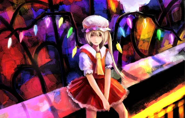 Girl, wings, art, tie, crystals, sitting, cap, touhou