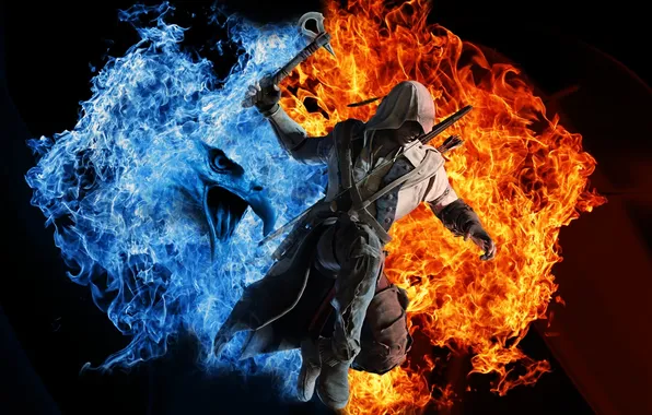 Picture water, weapons, background, fire, bird, the game, Assassins Creed, Connor