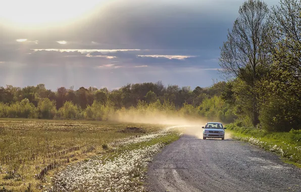 Picture road, field, the sun, clouds, trees, dust, car, the countryside