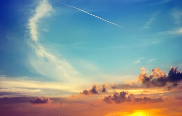 The sky, clouds, sunset, trail