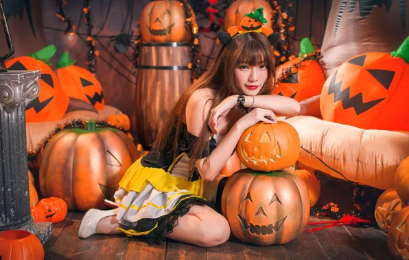 Girl, pumpkin, Halloween, Asian, cutie, 31 Oct