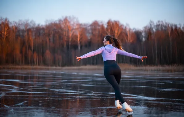 Forest, ass, girl, back, ice, brunette, figure skating, back