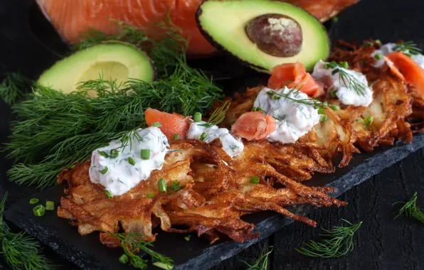 Dill, sauce, avocado, salmon, pancakes