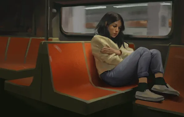 Picture girl, loneliness, shoes, jeans, brunette, the car, train, chairs