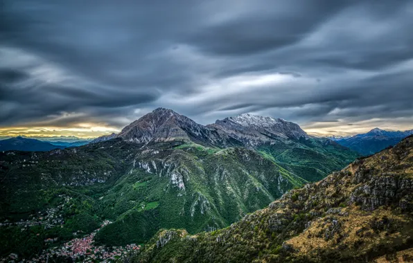 Picture the sky, clouds, trees, mountains, rocks, France, height, home