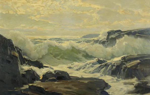 Sea, wave, foam, rocks, reefs, Frederick Judd Waugh