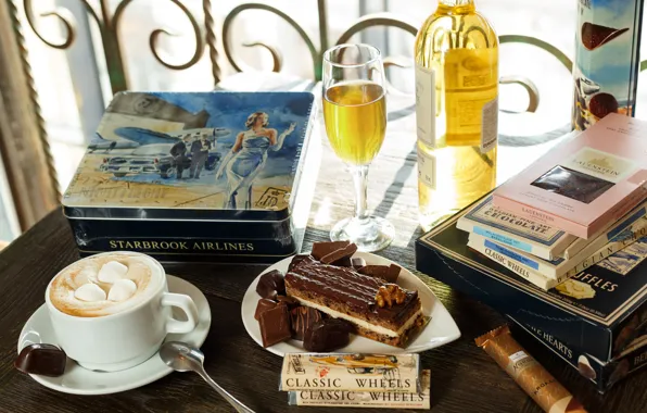 Picture wine, glass, books, coffee, cake, marshmallows