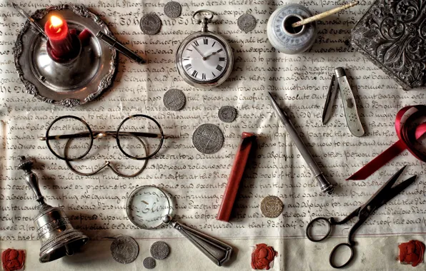 Picture letter, watch, candle, glasses, coins, knife, still life, magnifier