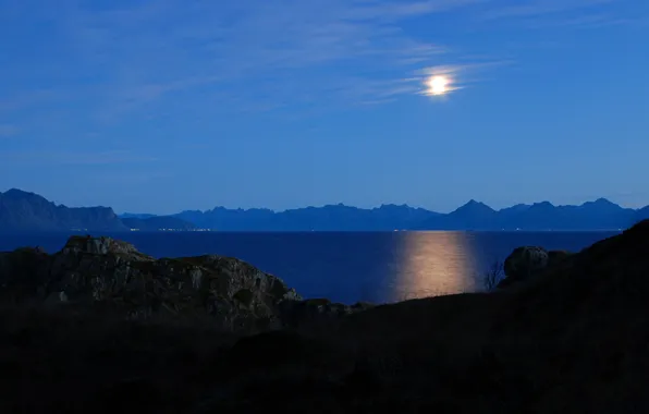 The sky, mountains, night, lake, the moon