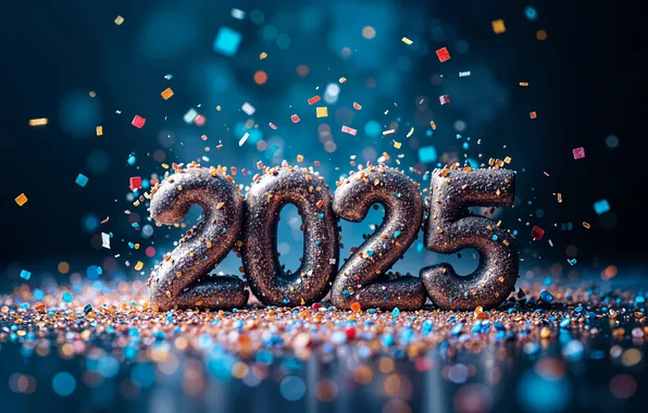 Sequins, figures, New year, blue background, date, bokeh, confetti, silver