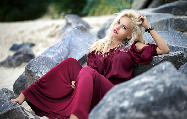 Girl, stones, makeup, dress, blonde, bracelets, Oleg Volosuhin