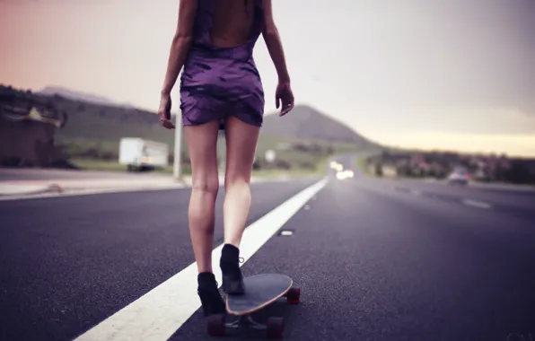 Girl, road, dress, woman, model, bokeh, board, purple