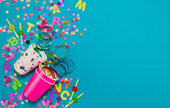 Letters, holiday, candles, yellow, green, glasses, pink, placer