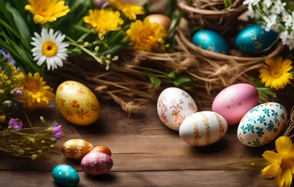 Flowers, eggs, spring, colorful, Easter, happy, flowers, spring