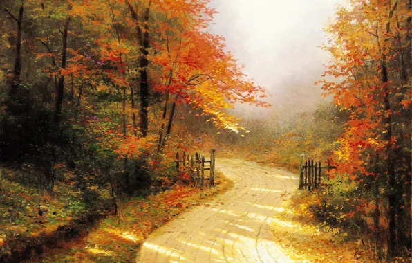 Road, autumn, forest, painting, Thomas Kinkade, painting, gold, Thomas Kinkade