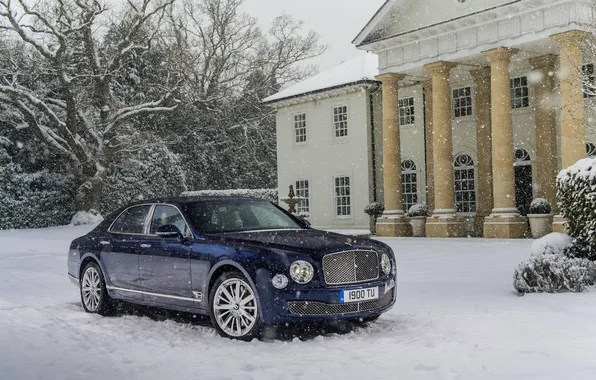 Winter, Bentley, Blue, Snow, House, Machine, The front, Snowfall