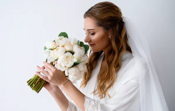 Girl, flowers, pose, smile, white, portrait, roses, bouquet