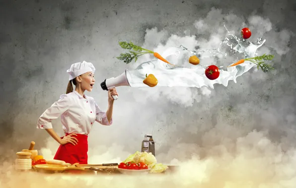 Girl, creative, milk, cook, Asian, vegetables, tomatoes, carrots