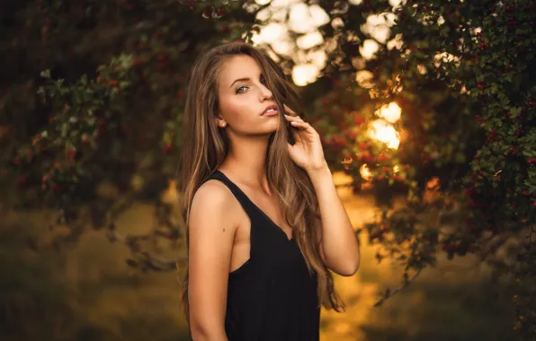 Girl, the sun, branches, makeup, garden, dress, hairstyle, brown hair