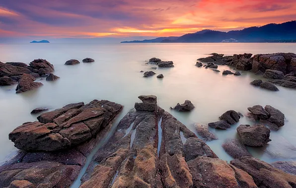 Picture the sky, clouds, mountains, lake, stones, rocks