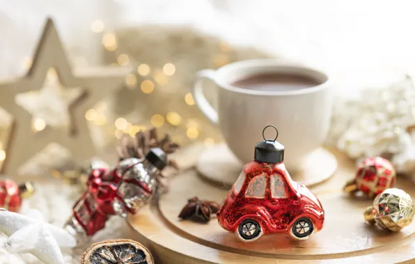 Balls, light, comfort, holiday, tea, toy, Christmas, mug