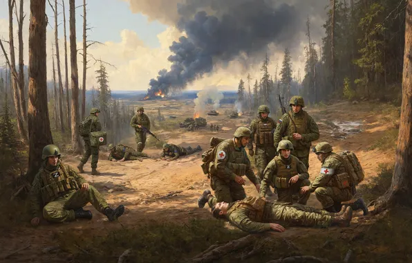 Picture Trees, Smoke, War, Soldiers, Russia, Art, Ukraine, Doctors