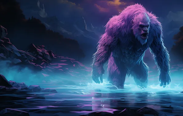 Mountains, Being, River, Digital art, Bigfoot, Yeti, Bigfoot, AI art