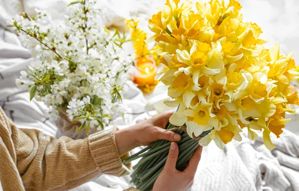 Girl, light, flowers, mood, candle, bouquet, spring, yellow