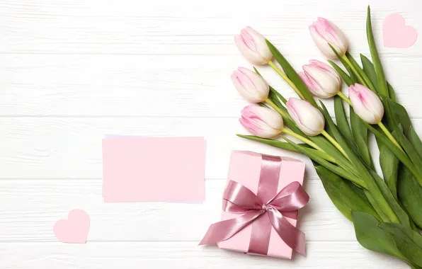 Flowers, gift, bouquet, tulips, pink, wood, pink, flowers
