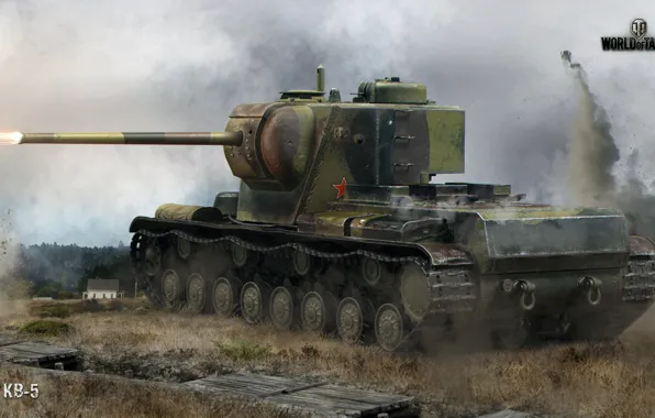 Picture field, forest, explosions, shot, battle, tank, heavy, Soviet