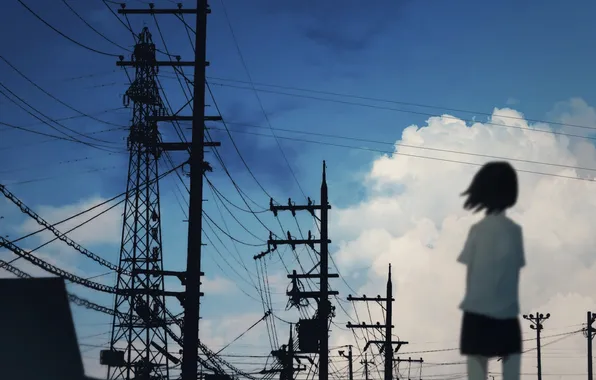 The sky, girl, clouds, wire, anime, art, machiyaaa