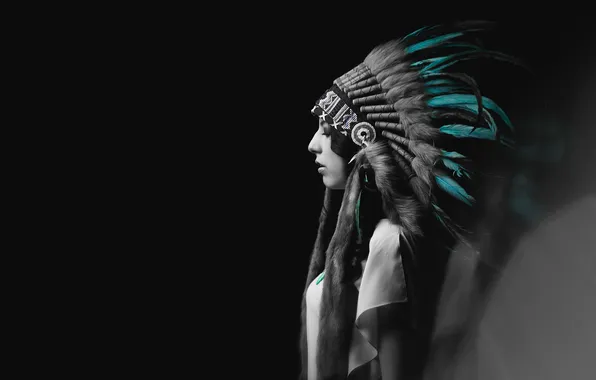 Picture girl, face, background, feathers, headdress