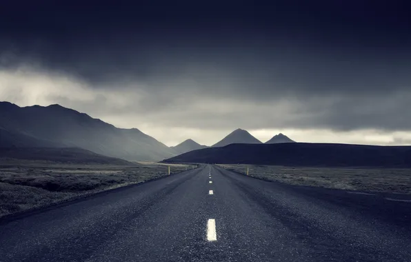 Road, the storm, field, mountains, gray clouds