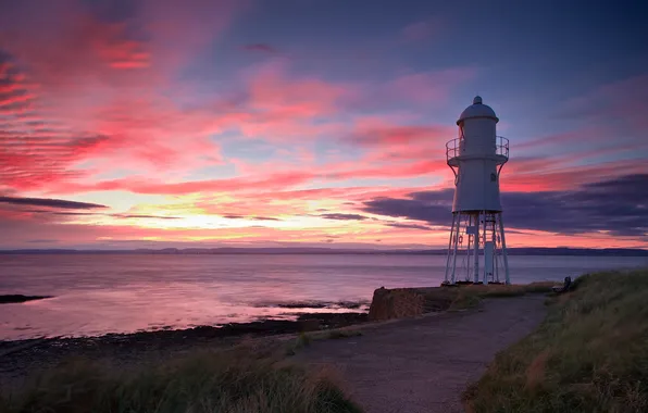 The sun, sunset, lighthouse, the evening, UK, Somerset, the Severn estuary, Black Nore lighthouse