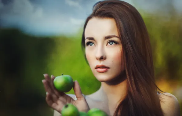 Look, girl, sweetheart, Apple, hand, portrait, fingers, brown hair